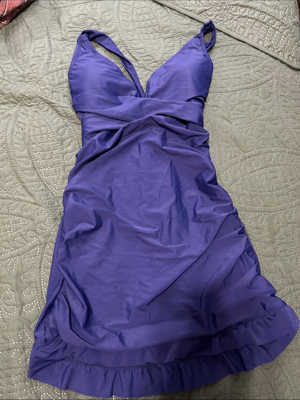 Amazon Purple V-Neck One-Piece Swimdress with Ruffle Hem